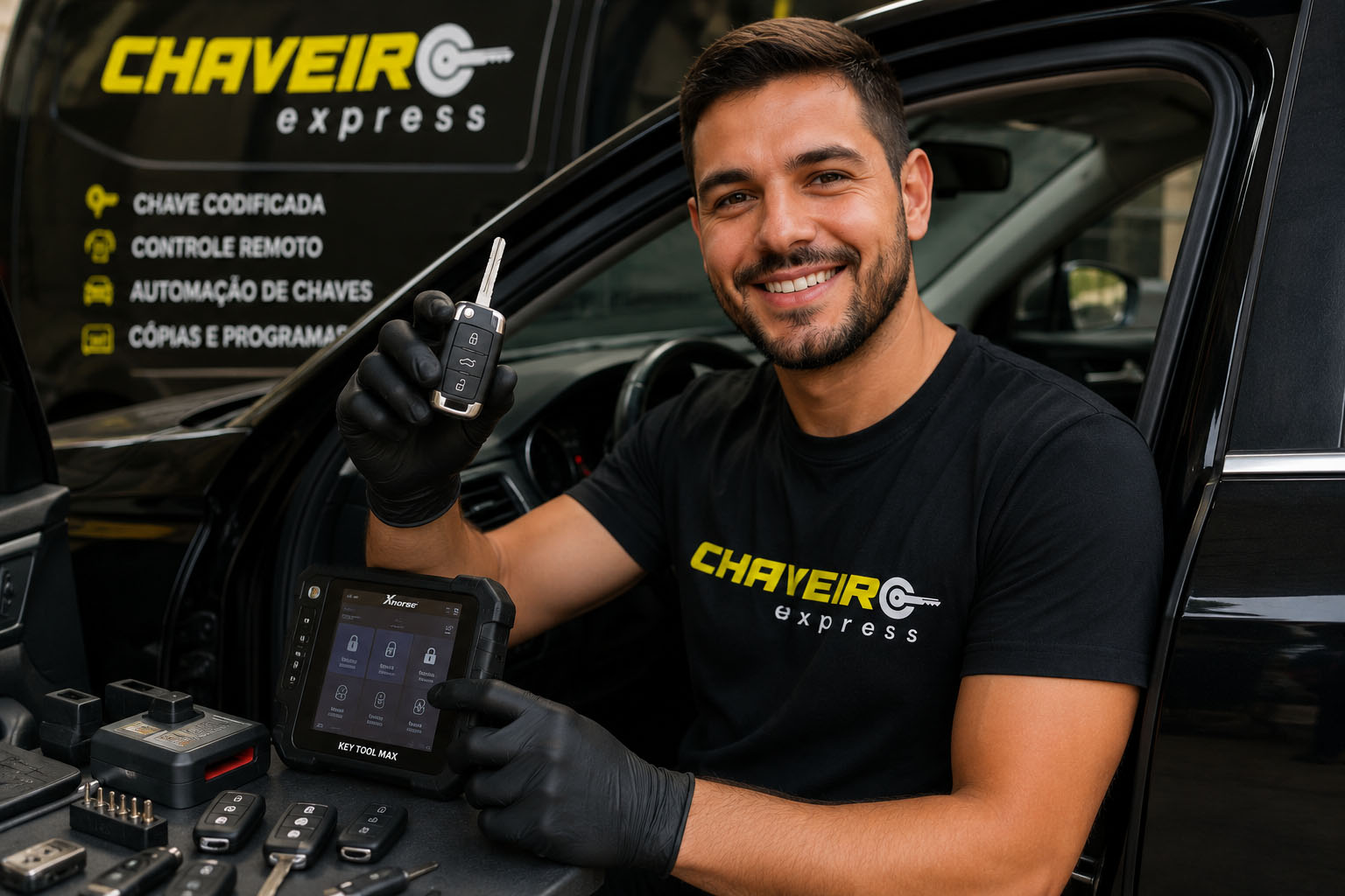 Chaveiro automotivo com equipamento profissional